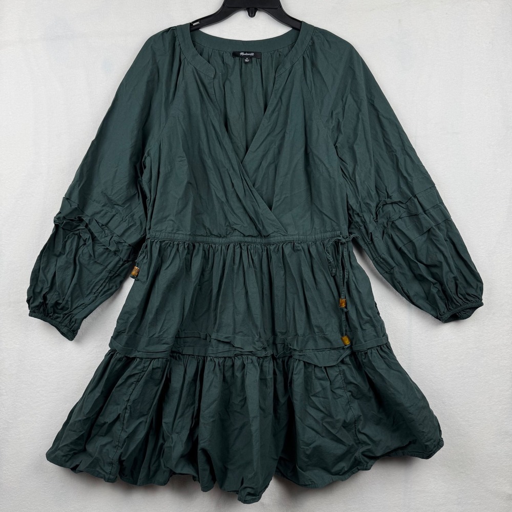 Madewell‎ Women's Dress Size M Green Tiered Ruffle Drawstring Long Sleeve